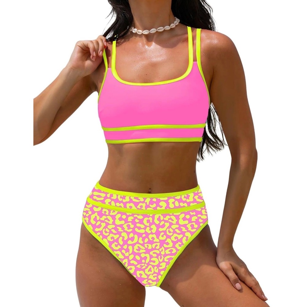 Popvil Womens High Waisted Bikini Set Neon Pink Lime Leopard Swimsuit XL NEW
